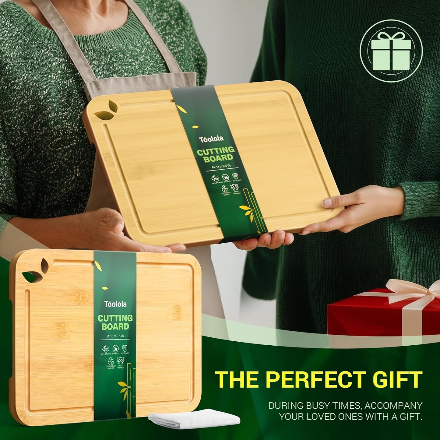 Bamboo Cutting Boards for Kitchen with Holder & Silicone Mat, Lightweight & Knife-Friendly Wood Cutting Board Set with Side Handles and Juice Grooves, Natural