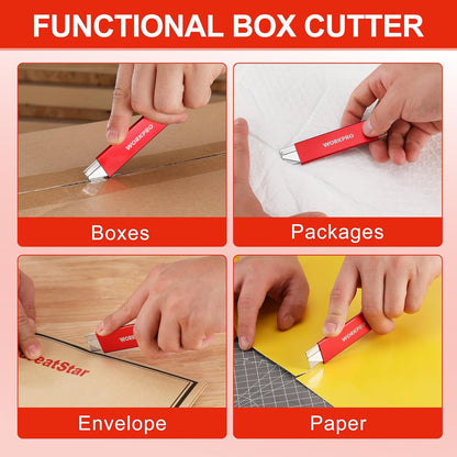 WORKPRO 12-Pack Box Cutter Retractable - Utility Knife with Single Edge Razor Blade - Razor Knife Box Opener Cardboard Cutter with Metal Sheathes- Extra 12-Pack Razor Blades for Replacement - Red