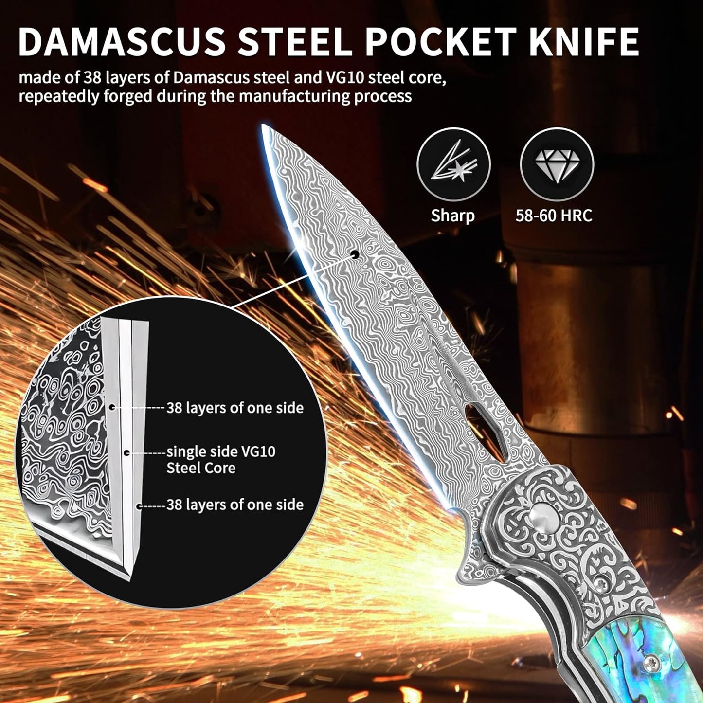 Damascus Pocket Knife with Sheath,3.54" Sharp Damascus Steel Blade Abalone Seashells Handle EDC Pocket Knives & Folding Knives for Outdoor Camping, Ideal Gifts for Men Women