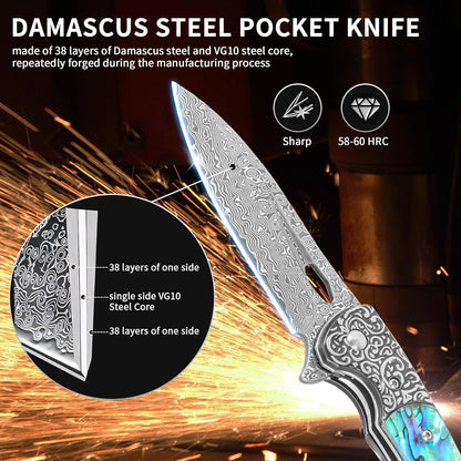 Damascus Pocket Knife with Sheath,3.54" Sharp Damascus Steel Blade Abalone Seashells Handle EDC Pocket Knives & Folding Knives for Outdoor Camping, Ideal Gifts for Men Women