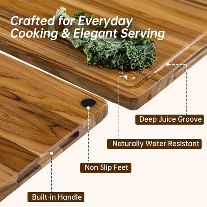THETCHRY Teak Wood Cutting Boards for Kitchen, Wooden Cutting Board with Handles, Wooden Chopping Board with Juice Groove, Charcuterie Butcher Block for Meal Prep & Serving, 12.9" x 9.8"