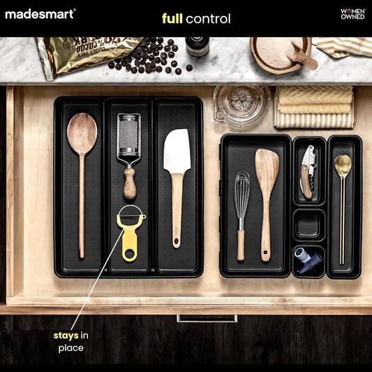 madesmart 3 Compartment Utensil Tray, Multi Purpose Storage Organizer, Non Slip Lining,Deep Storage for Ladles, Whisks & Serving Tools, for Drawers & Home Organization, White