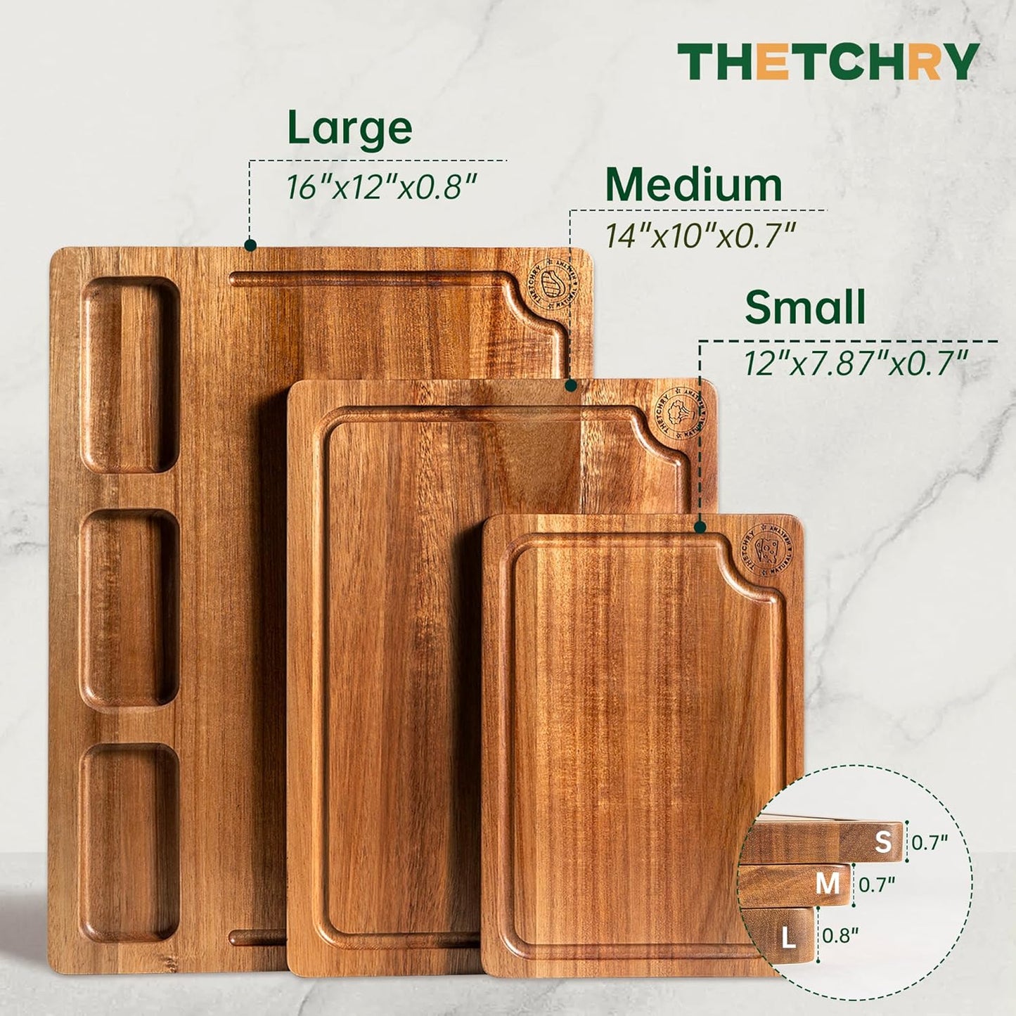 THETCHRY Acacia Wood Cutting Boards for Kitchen, Premium Wood Cutting Board Set with Holder, Chopping Board with Grooves and Built-in Handles, Wooden Charcuterie Board Trays for Meat, Fruit, Cheese