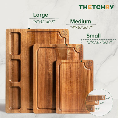 THETCHRY Acacia Wood Cutting Boards for Kitchen, Premium Wood Cutting Board Set with Holder, Chopping Board with Grooves and Built-in Handles, Wooden Charcuterie Board Trays for Meat, Fruit, Cheese