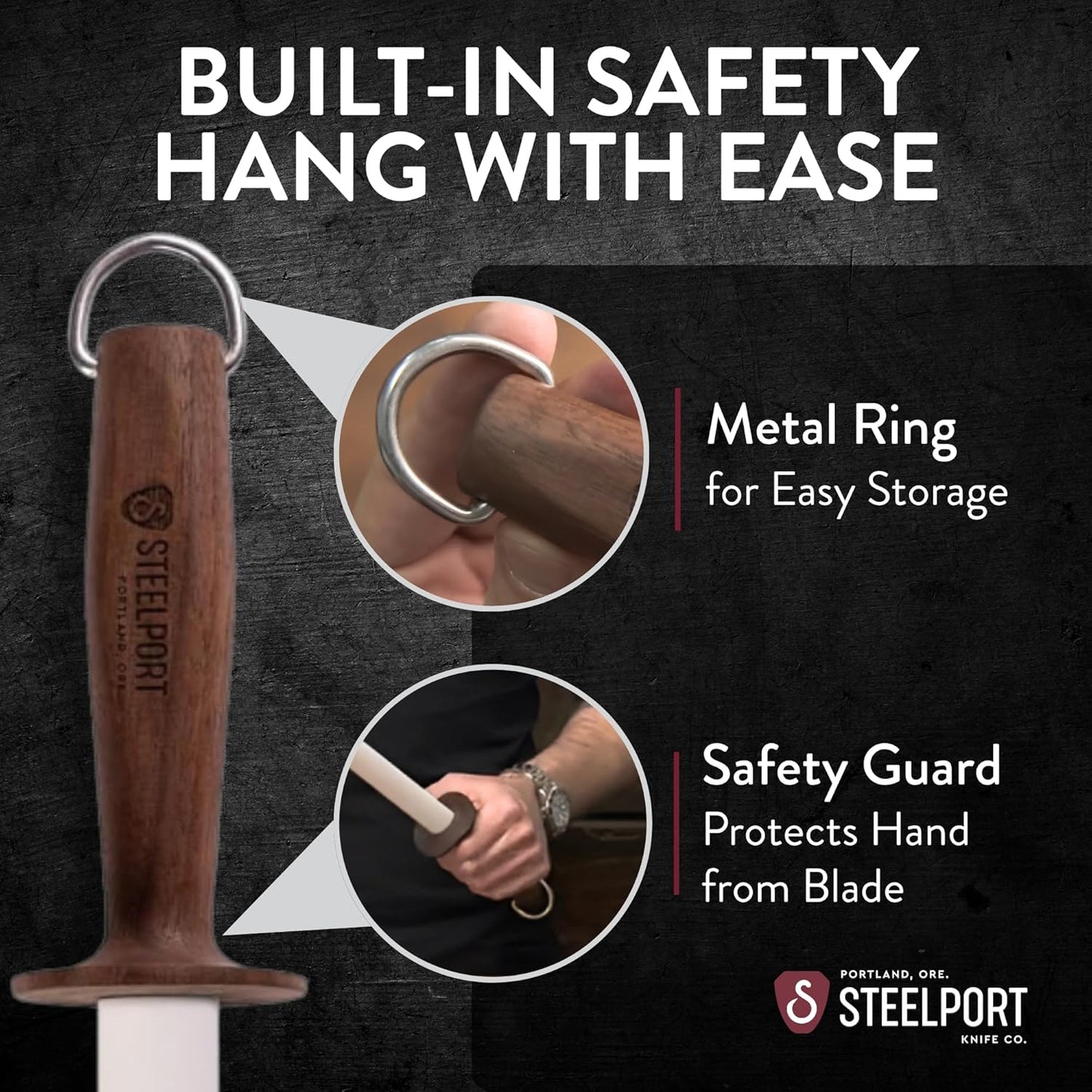 STEELPORT Knife Maintenance Gift Set | 12” Oval Ceramic Honing Rod, Carbon Steel Knife Care Kit (Camellia Oil, Handle Wax) | USA Made Professional Blade Maintaining, Wood Conditioning Oil, Wax Set
