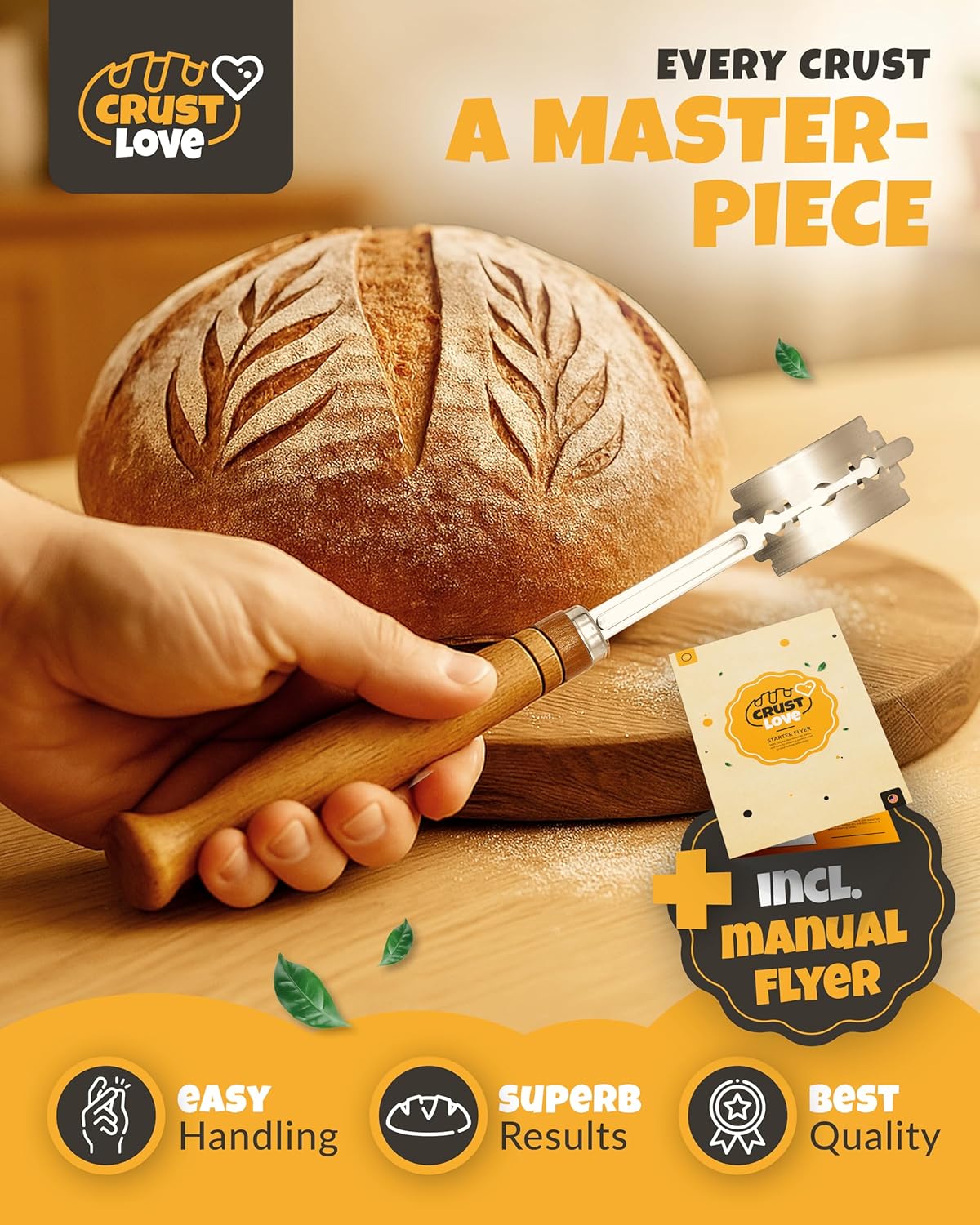CRUSTLOVE 2pcs Set Bread Lame with 5 Blades – Sourdough Scoring Tool Set with Straight & Curved Scoring Knife for Sourdough and Bread Baking, Dough Scorer, Bread Scoring Tool, Bread Baking Supplies