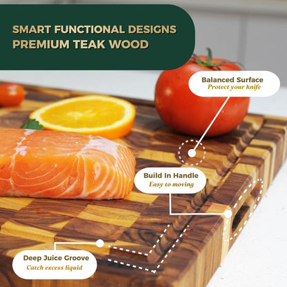Teak Cutting Board - End Grain Butcher Block, 20 x 14 x 1.5 Inch Large Wood Board with Juice Groove & Side Handles, Extra Thick Carving Board for Meat Prep, BBQ & Charcuterie