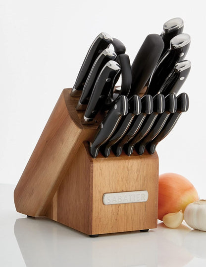 Sabatier 15-Piece Forged Triple Rivet Knife Block Set, High-Carbon Stainless Steel Kitchen Knives, Razor-Sharp Knife set with Acacia Wood Block, White Handles