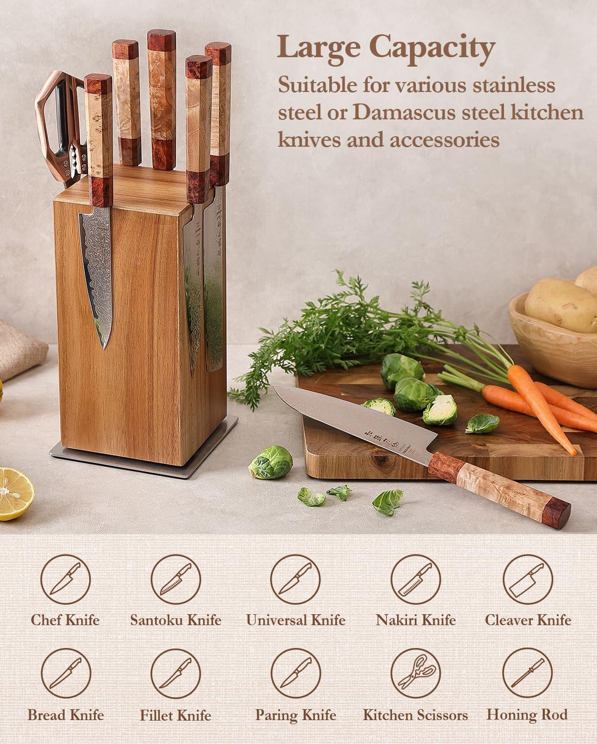 Strong Double Sided Magnetic Knife Block Without Knives, with Acacia Wood+430 Stainless Steel Base，Magnetic Universal Stands with Strong Enhanced Magnets Strip Kitchen Storage Cutlery Large Organizer