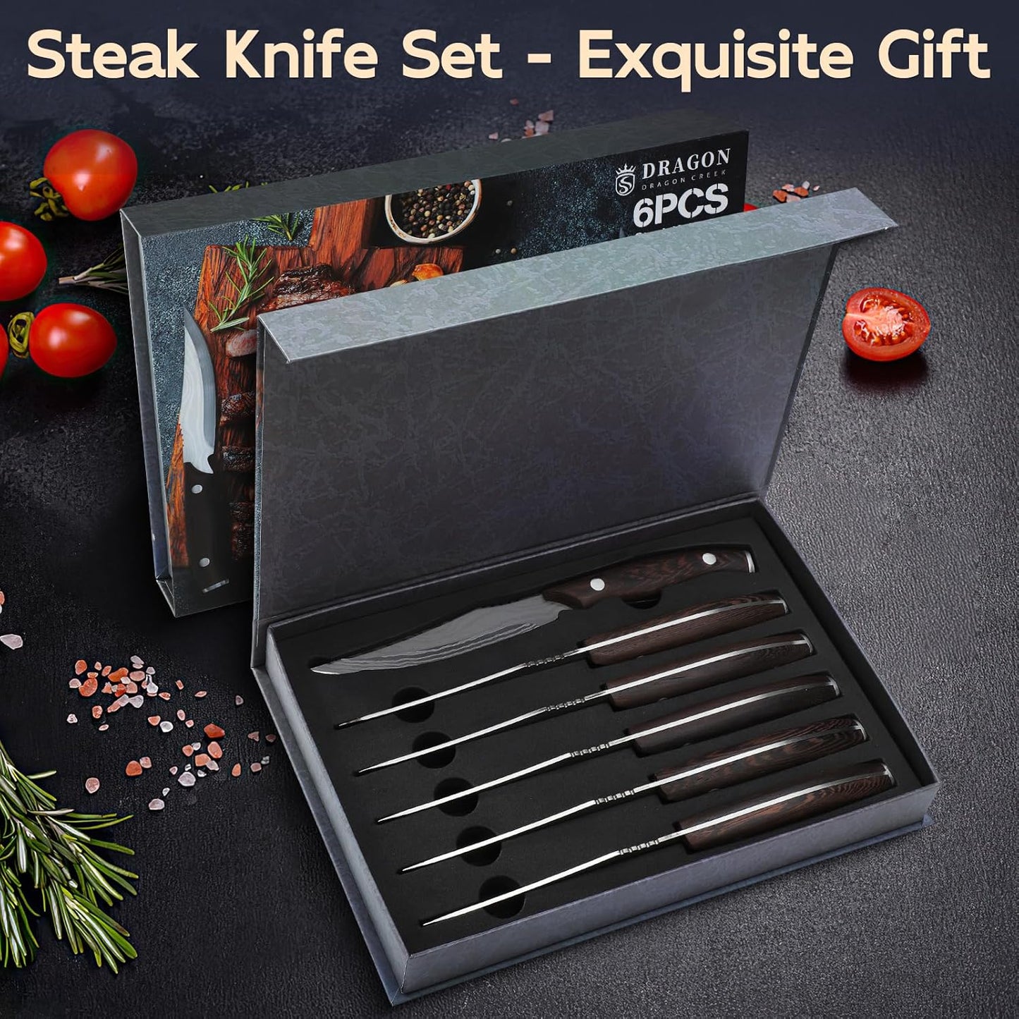 Dragon Creek Steak Knives Set of 6, High-Carbon Steel Steak Knife Set with Wooden Handle, 4.3 Inch Non-serrated Steak Knives, Razor-Sharp Dinner Knives With Gift Box