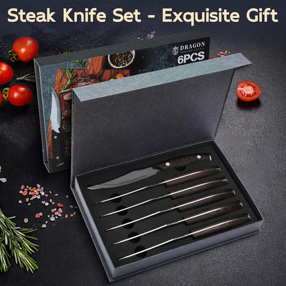 Dragon Creek Steak Knives Set of 6, High-Carbon Steel Steak Knife Set with Wooden Handle, 4.3 Inch Non-serrated Steak Knives, Razor-Sharp Dinner Knives With Gift Box