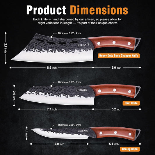 KITNATS Hand Forged Butcher Knife Set, 3PCS BBQ Knife Set with Meat Cleaver, Chef Knife & Boning Knife, High Carbon Steel Cleaver Knife Set for Meat Cutting, Camping, Outdoor Cooking, Gift for Men