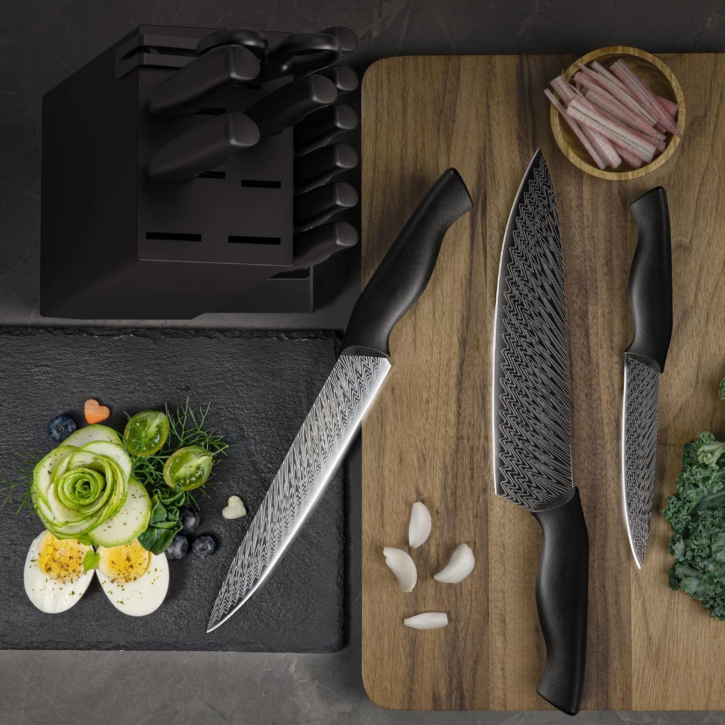 Amorston 15-Piece Kitchen Knife Set with Built-in Sharpener Block, German High-Carbon Stainless Steel Knives, Laser-Etched Blades, Dishwasher Safe, Ergonomic Handles, Elegant Gift for Modern Kitchens