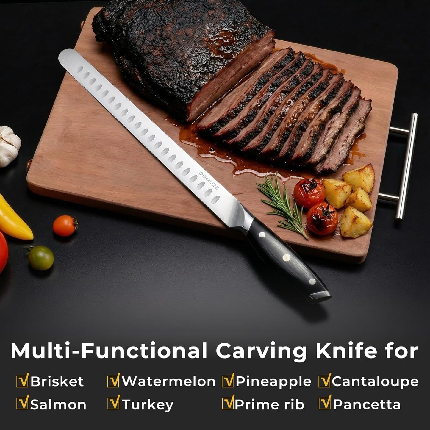 DiiHAUZZ Brisket Knife, 12 Inch Carving Knife for Meat, Razor Sharp High Carbon Steel, Full Tang Ergonomic Pakkawood Handle Slicing Knives for Roast Beef, BBQ, Turkey, Grilling Gift for Men