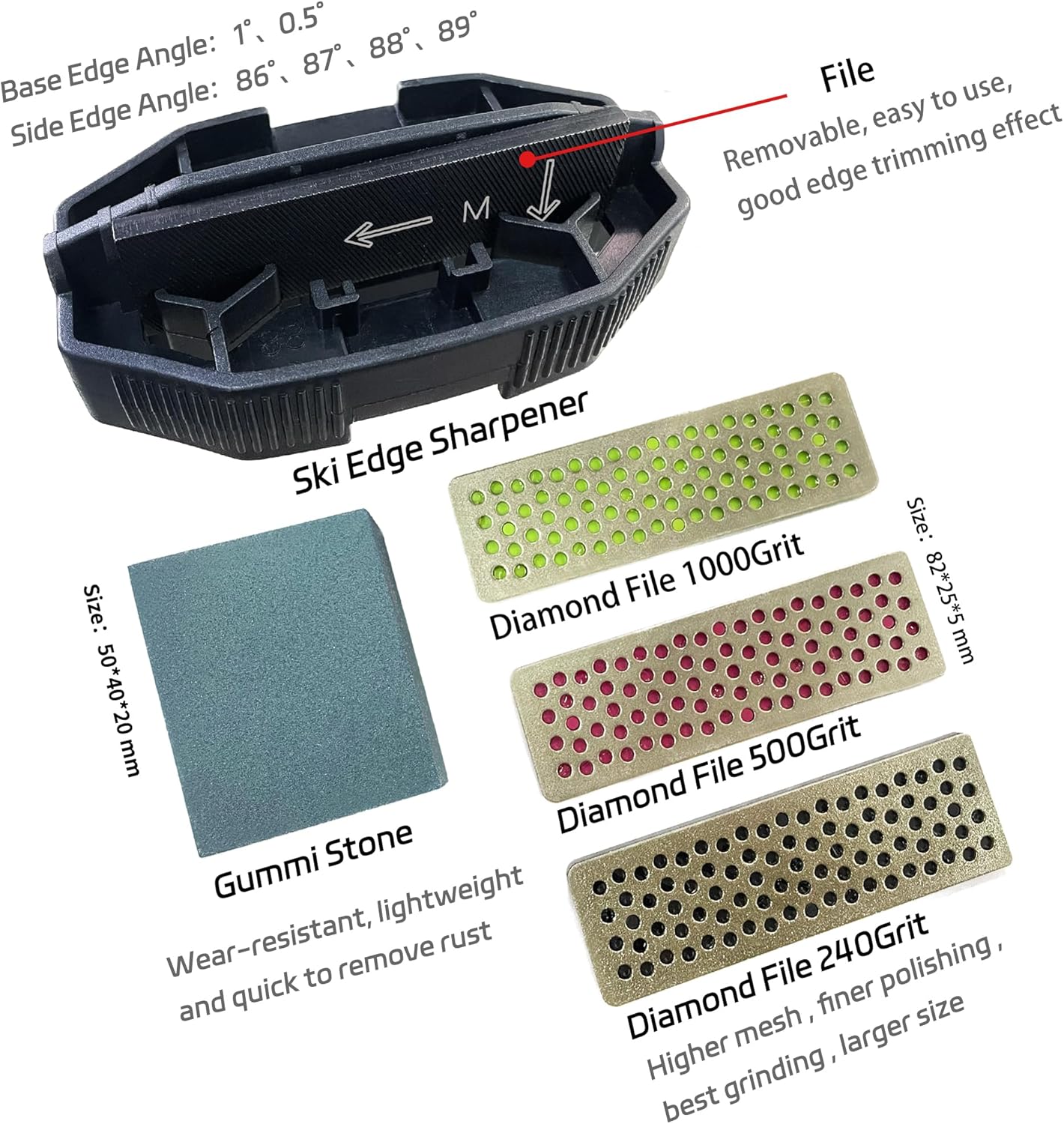 Snowboard Ski Edge Bevel Tuning ski Wax kit，Snowboard Tool，ski Edge Sharpener Tuner Side Ski Angle Tool & Diamonds & Gummi Stone (Tool+Diamonds + Gummi Stone)
