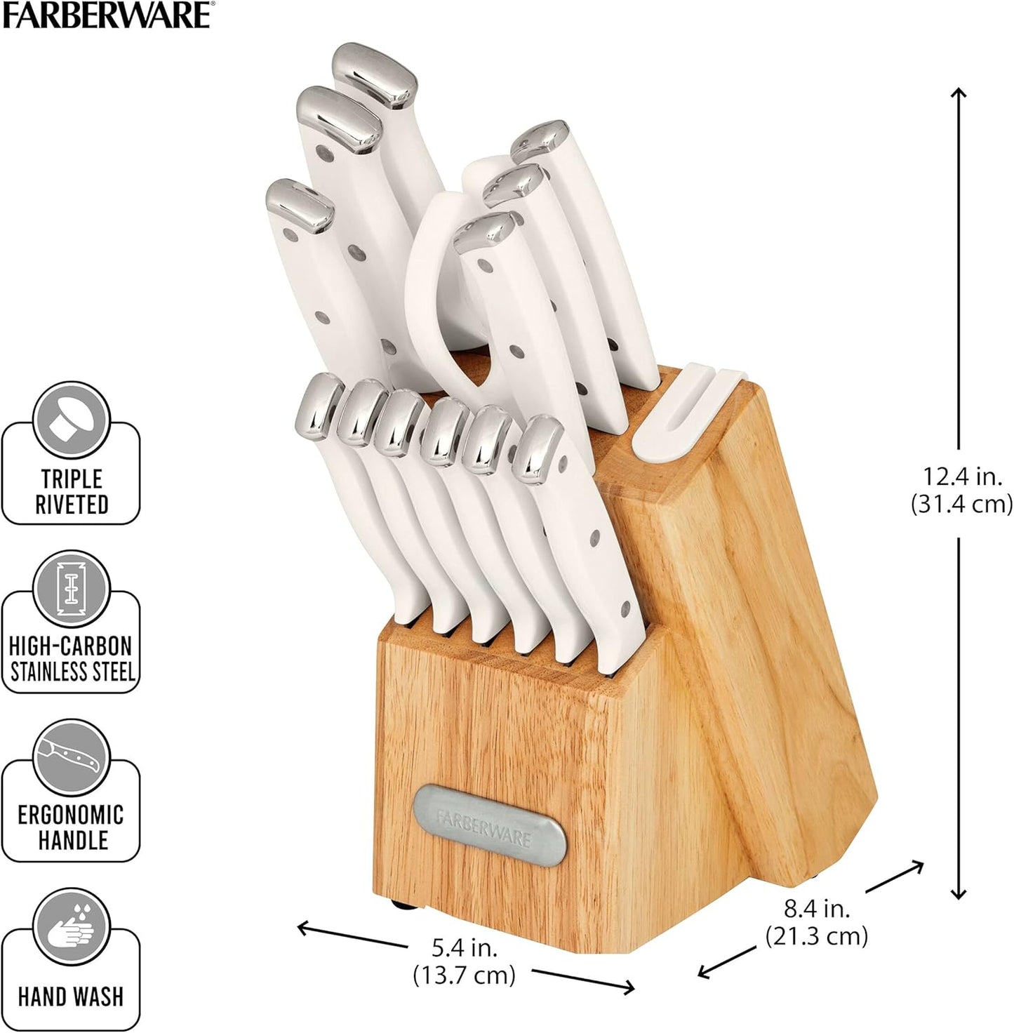 Farberware Edgekeeper Triple Riveted Knife Block Set with Built in Sharpener, 14-Piece, White