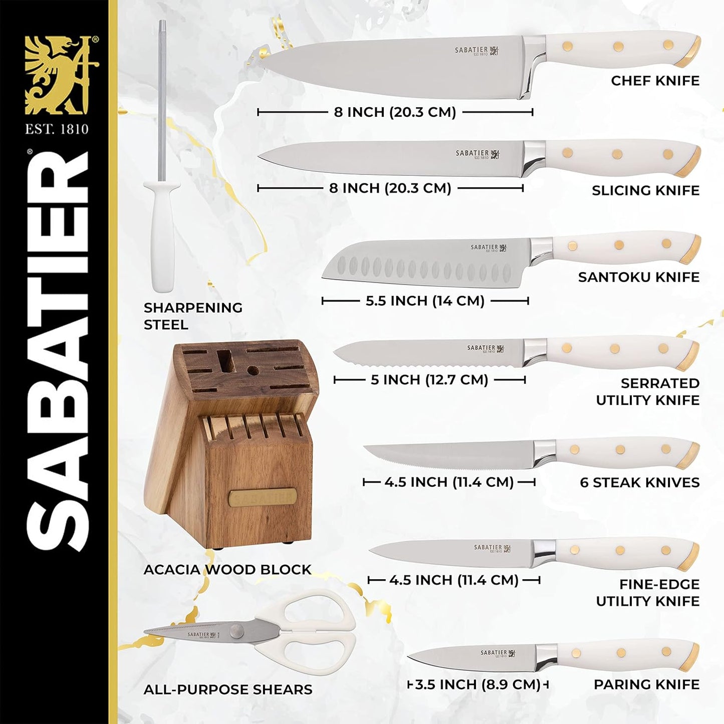 Sabatier 15-Piece Forged Triple Rivet Knife Block Set, High-Carbon Stainless Steel Kitchen Knives, Razor-Sharp Knife set with Acacia Wood Block, White Handles