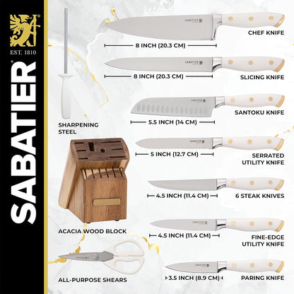 Sabatier 15-Piece Forged Triple Rivet Knife Block Set, High-Carbon Stainless Steel Kitchen Knives, Razor-Sharp Knife set with Acacia Wood Block, White Handles