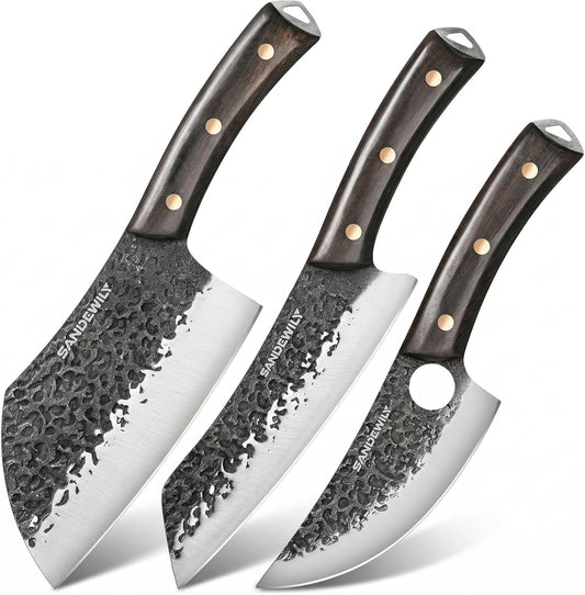 4-Piece Butcher Knife Set with 7” Cleaver, 8” Chef Knife, 8” Nakiri & 5” Utility Knife – Hand Forged Full Tang Kitchen Knives with Sharpening Stone for BBQ, Meat, Veggies & Outdoor Cooking