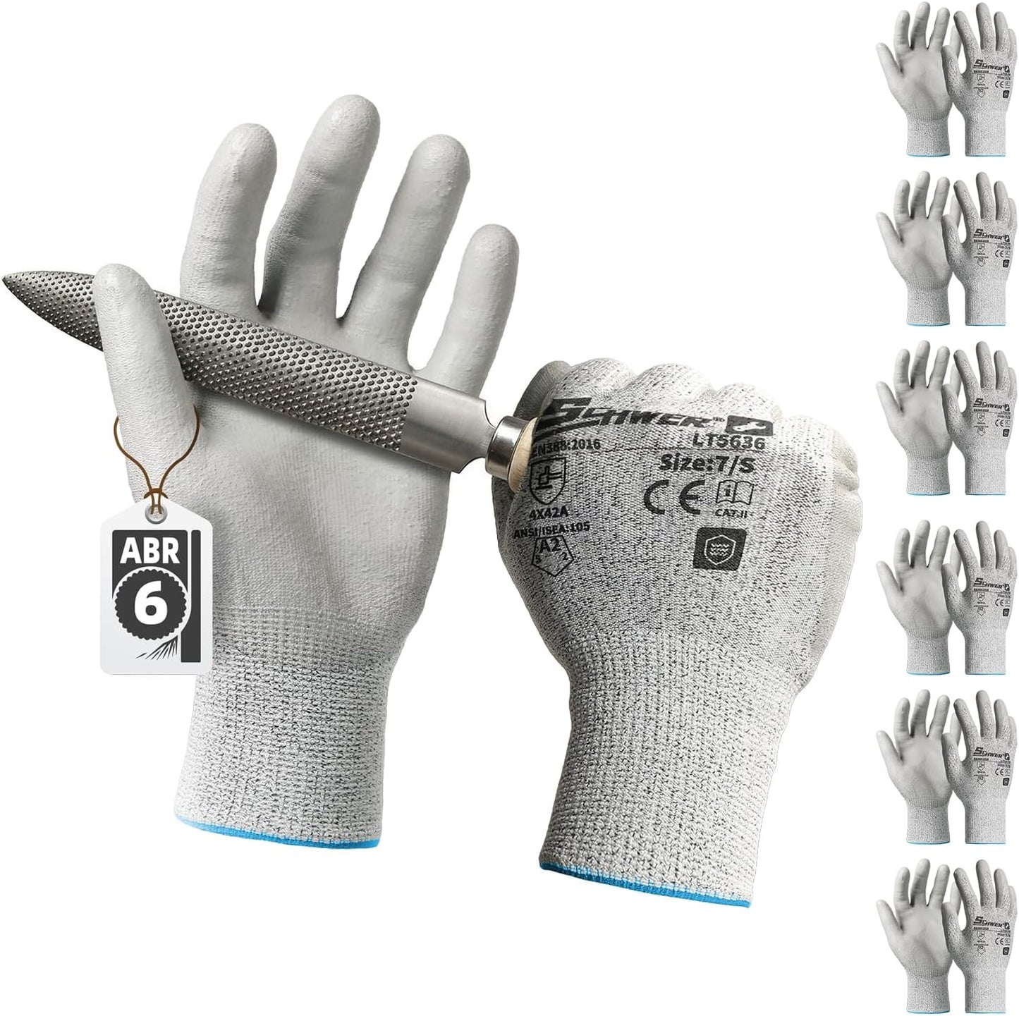 Schwer 6 Pairs ANSI A2 Cut Resistant Work Gloves with Certified Level 6 Ultra Abrasion Resistance, Safety Gloves with Grip for General Use, Construction, Gardening, Mechanic, 3D-Comfort, LT5636, L