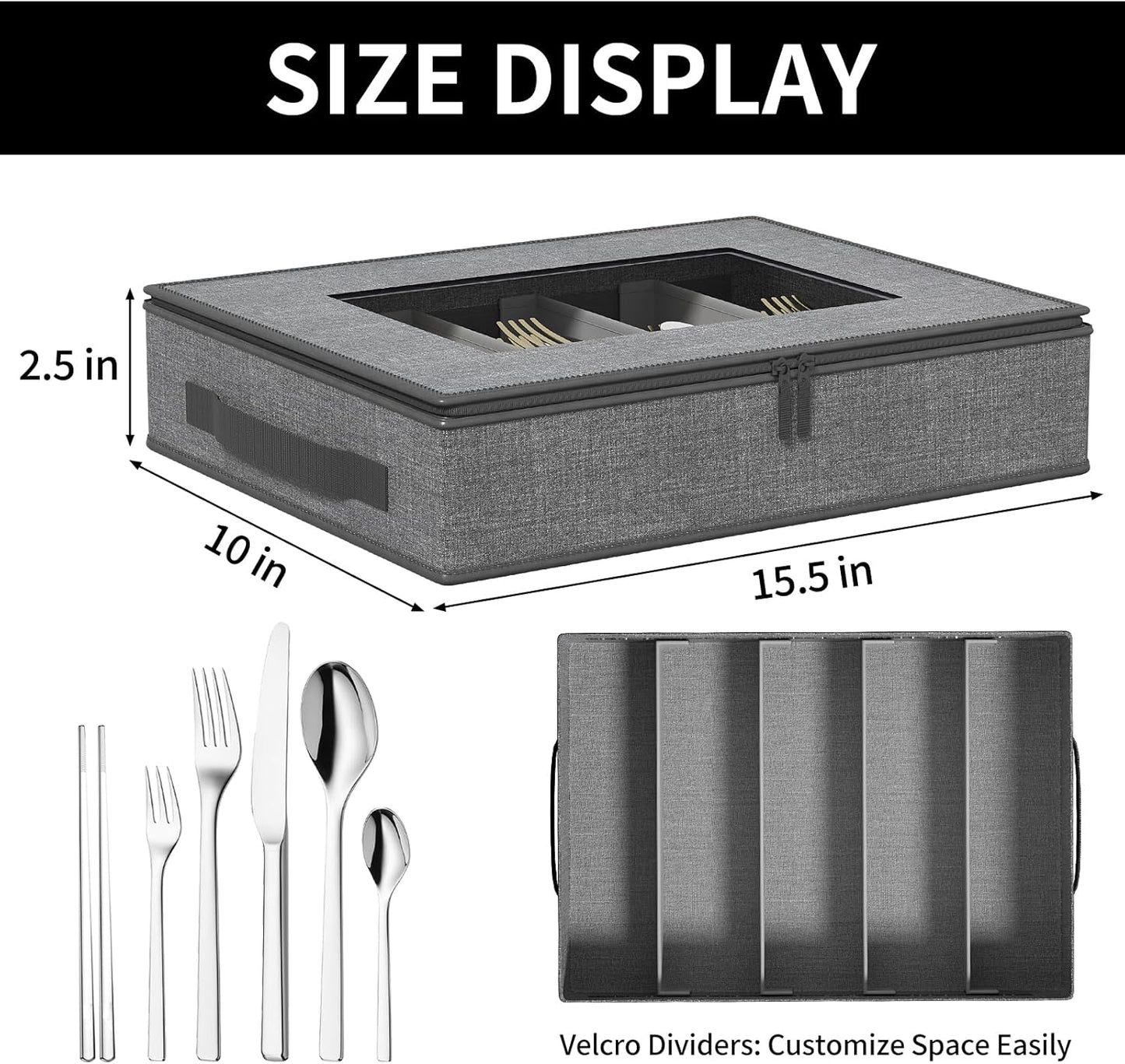 Aokeyee 2-Pack Silverware Storage Box, Sturdy Flatware Organizer with 5 Compartments & Adjustable Dividers, Utensil Case with Clear Lid & Handle for Knives, Forks & Spoons, Gray