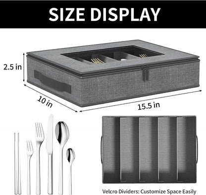 Aokeyee 2-Pack Silverware Storage Box, Sturdy Flatware Organizer with 5 Compartments & Adjustable Dividers, Utensil Case with Clear Lid & Handle for Knives, Forks & Spoons, Gray