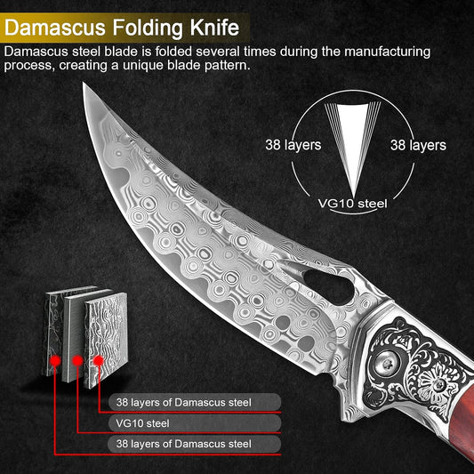 KOMWERO Damascus Pocket Knife for Men, VG10 Core Damascus Steel Folding Knife with Wood Handle, Ball Bearing, Thumb Hole, Liner Lock, Sheath for EDC Outdoor Survival Hunting