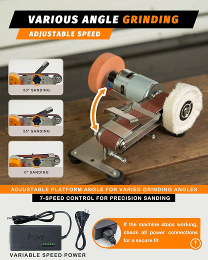 Mini Belt Sander, Electric Small Sander Knife Making Supplies, 7 Adjustable Speed Electric Knife Sharpener, Power Belt Grinder for Woodworking, Metal Working DIY (6.5'' x 6.8'' x 4.8'')