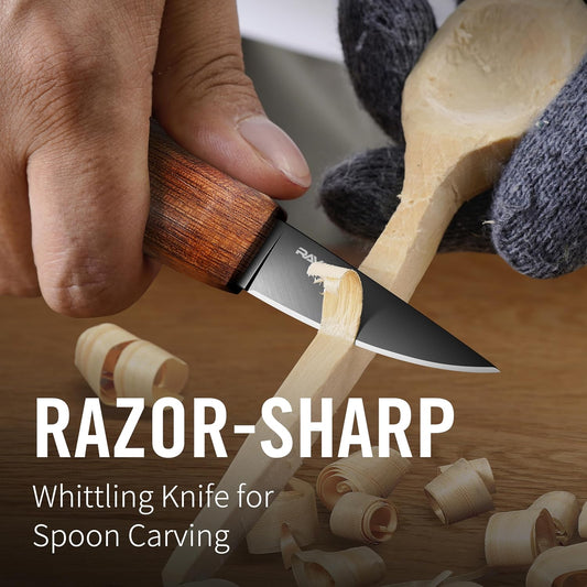 RAVS Whittling Knife with Leather Sheath, High Carbon Steel Blade Wood Carving Knife with Titanium Coating, Sloyd Knife with Ergonomic Rosewood Handle, Wood Carving Tools for Beginners to Experts