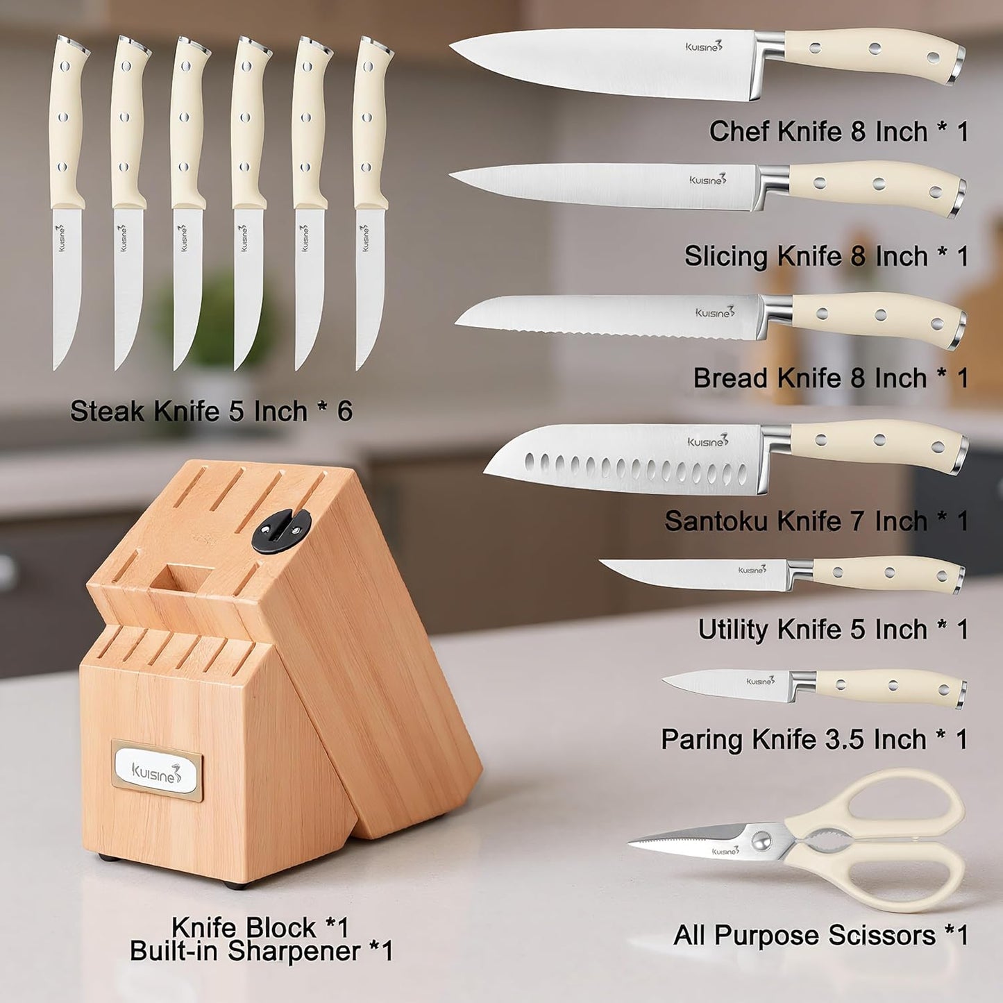 KUISINE Upgraded Knife Set High Carbon Stainless Steel Ultra Sharp Blade Ergonomic Handle,Knife Block Set with Built-in Sharpener(Ivory Acacia,15PCS)