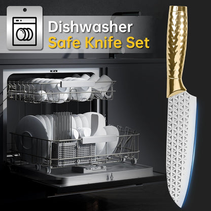 Kitchen Knife Set 14 Pcs with Magnet Holder, Strong Magnetic Knife Strip for Wall, Knives Block Set with Sheath, Chef Knives and Santoku Knives, Stainless Steel Blade, Dishwasher Safe -Silver
