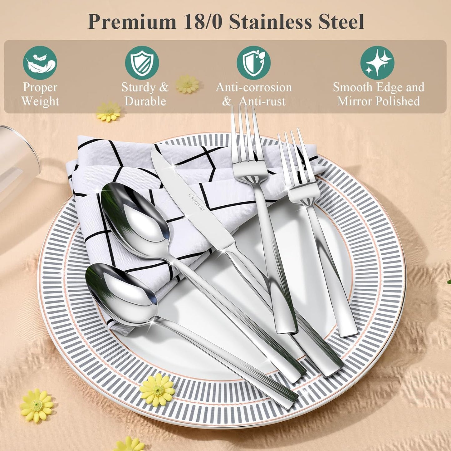 49-Piece Silverware Set with Bamboo Organizer for 8, Heavy-Duty Flatware Set with Steak Knives, Rust-Proof & Mirror Polished, Dishwasher Safe,Modern Hammered(organizer only for packaging)