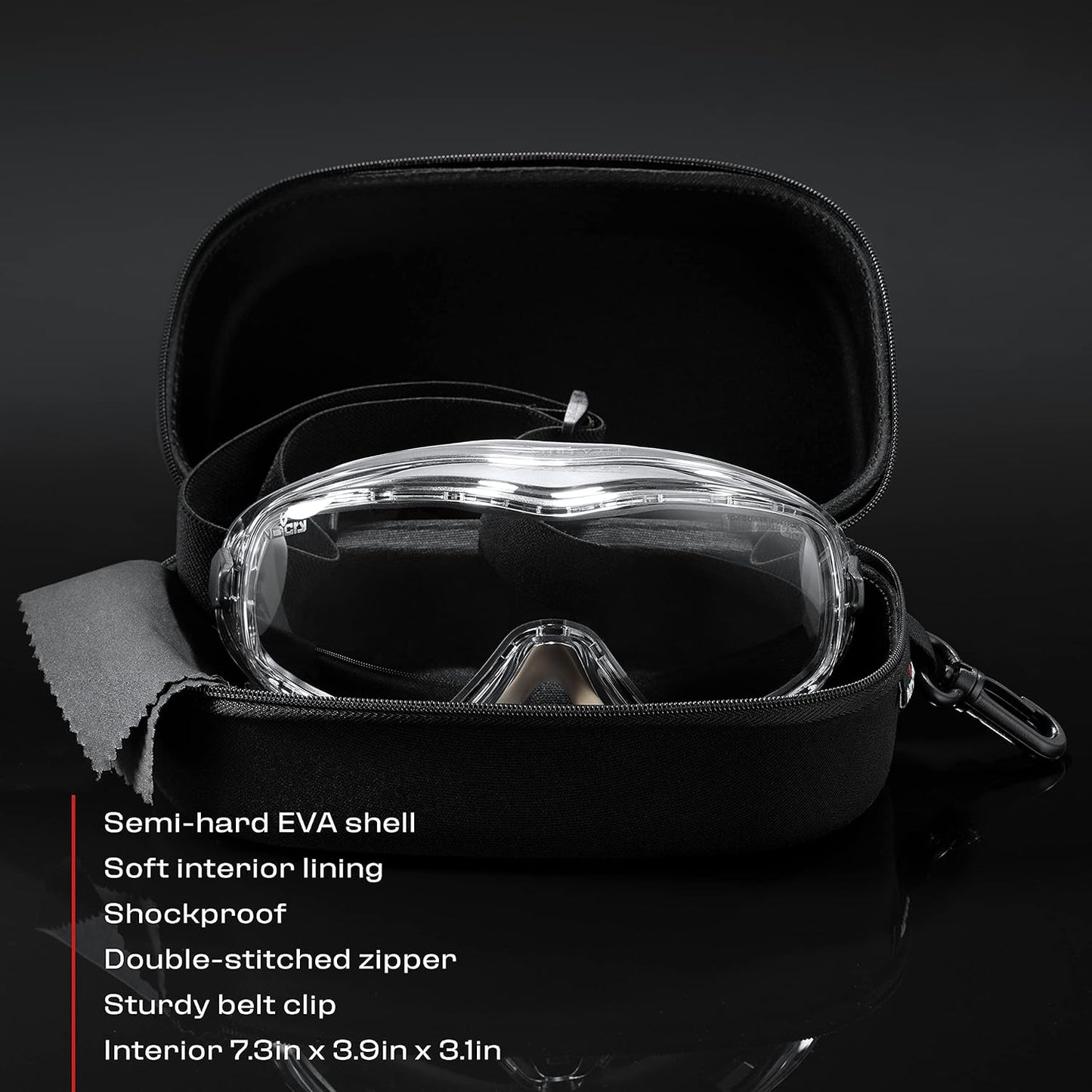 NoCry Water Resistant Safety Glasses Case with Clip - Heavy Duty Semi Hard Large Sunglasses Holder for Men and Women with Cleaning Cloth