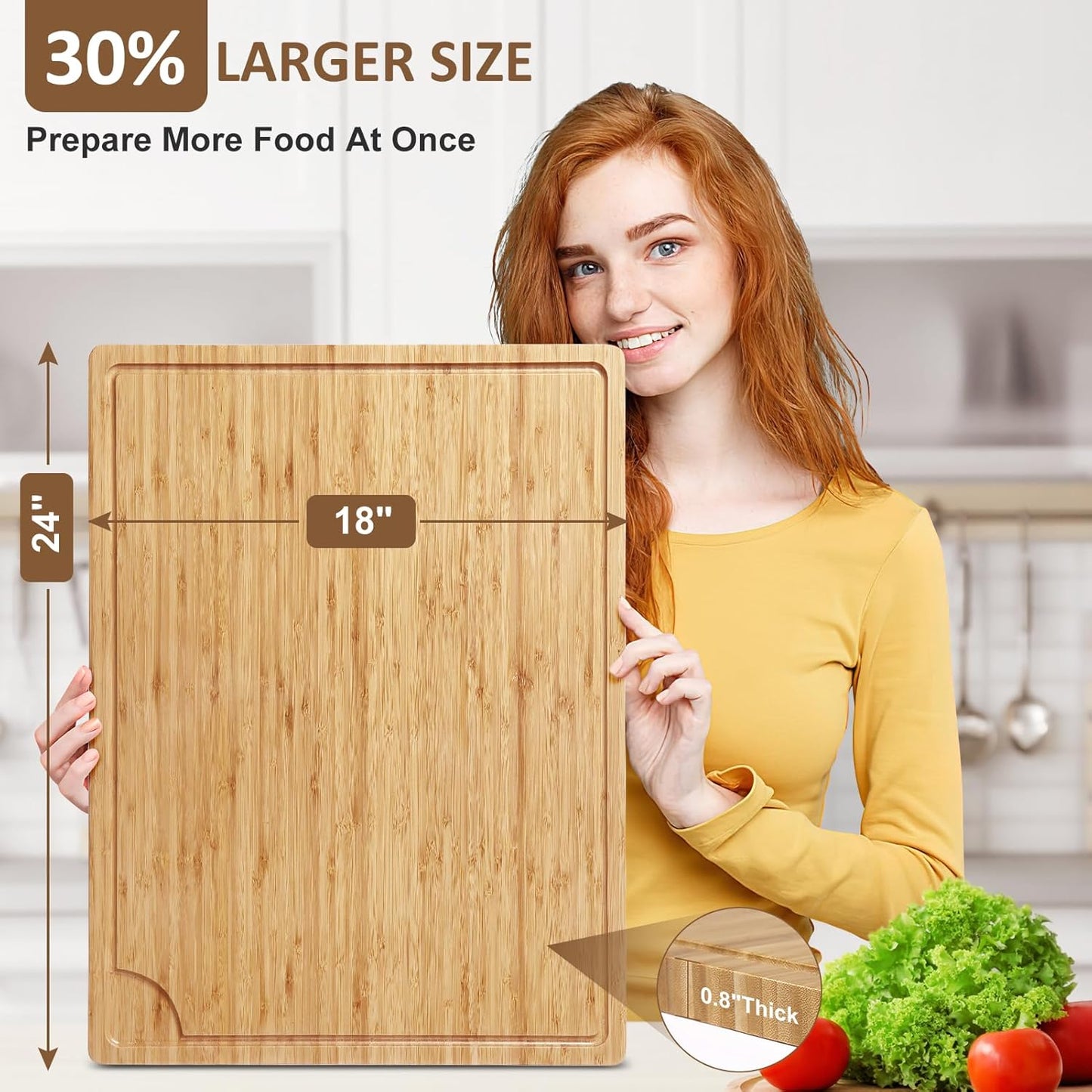 Extra Large 100% Organic Bamboo Cutting Board, 24x18 Inch Over the Sink Chopping Board/Carving Board with Handle and Juice Groove for Turkey, Meat, Vegetables, BBQ