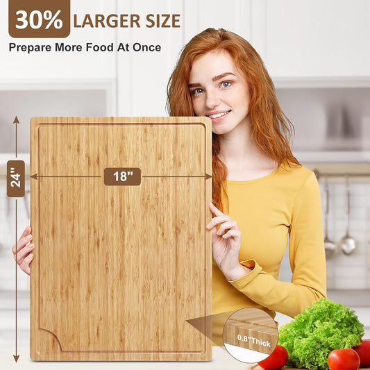Extra Large 100% Organic Bamboo Cutting Board, 24x18 Inch Over the Sink Chopping Board/Carving Board with Handle and Juice Groove for Turkey, Meat, Vegetables, BBQ