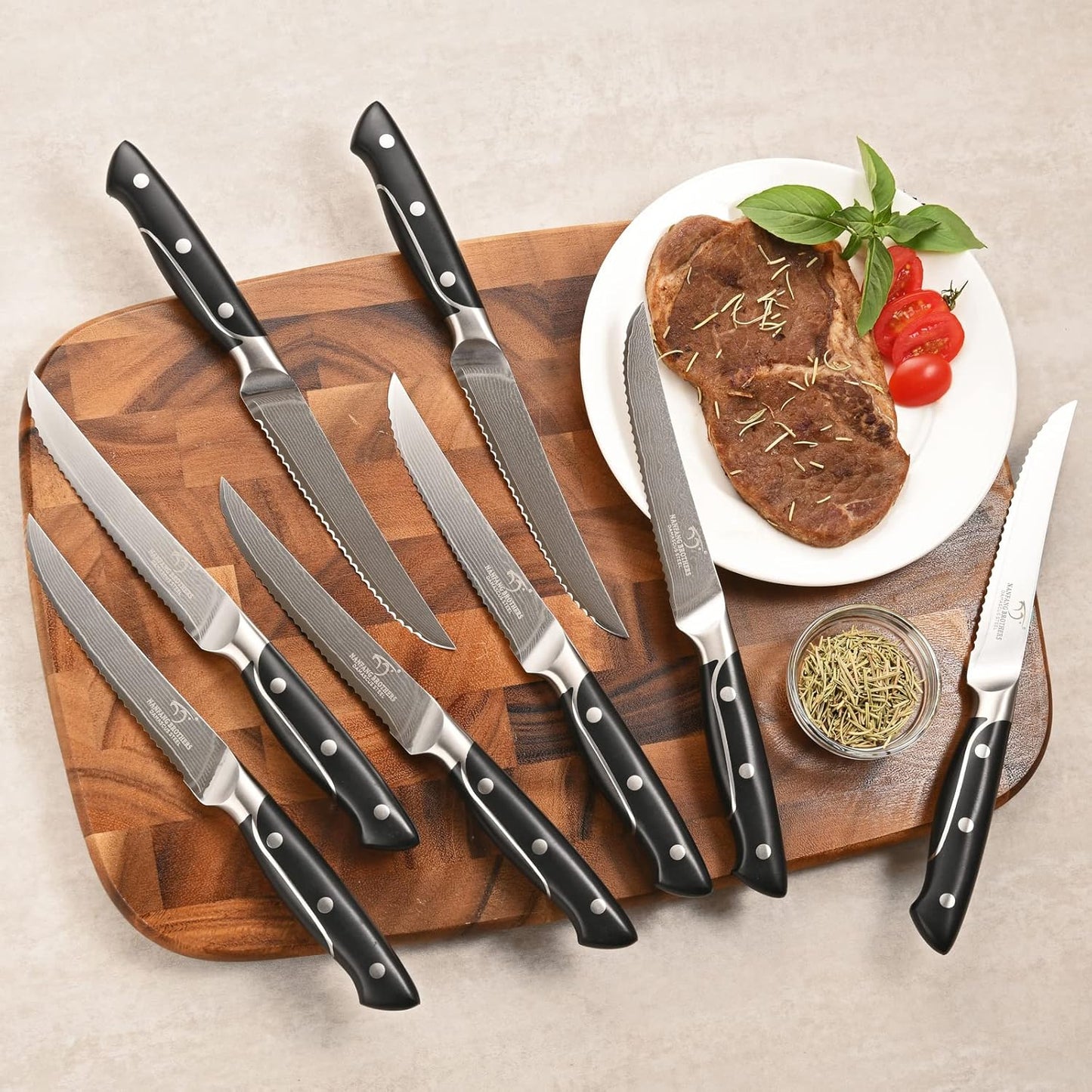 18 Pieces Damascus Kitchen Knife Set, 8 Piece Steak Knives, Non-slip ABS Ergonomic Triple Rivet Handle for Meat Fork, Knife Sharpener and Shears, 17 Slots Fraxinus Manchuria Knife Block (Grey)