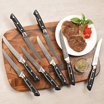 18 Pieces Damascus Kitchen Knife Set, 8 Piece Steak Knives, Non-slip ABS Ergonomic Triple Rivet Handle for Meat Fork, Knife Sharpener and Shears, 17 Slots Fraxinus Manchuria Knife Block (Grey)