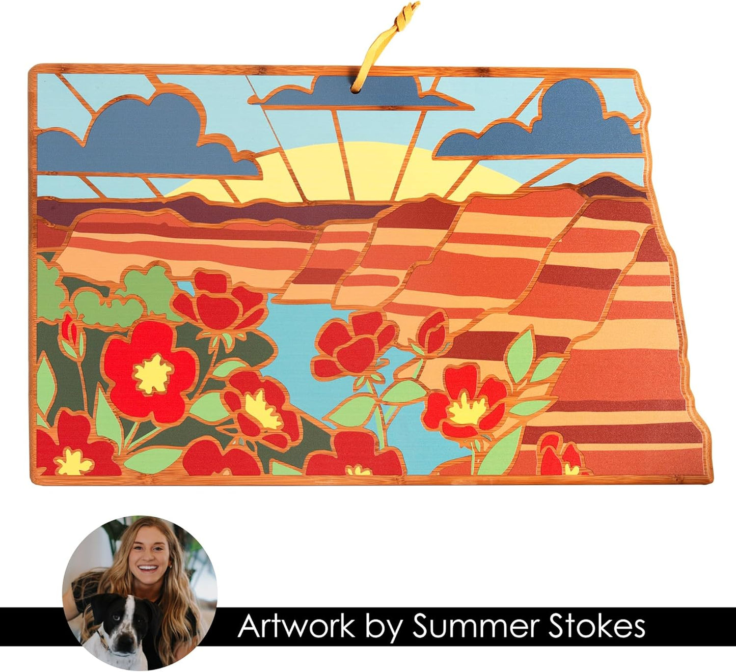 Totally Bamboo North Carolina State Shaped Cutting Board and Charcuterie Serving Platter with Artwork by Summer Stokes, Includes Hang Tie for Wall Display 18" x 8" x 5/8" - Colors A