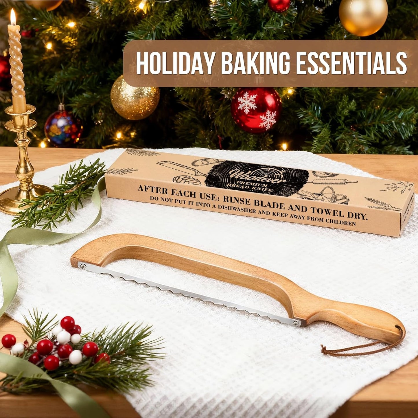 Woodever Bread Knife, 2 Pack Bread Slicer for Homemade Bread, 16'' Wooden Sourdough Bread Knife with Bow Design, Premium Stainless Steel Serrated Bread Cutter for Bagels and Baguettes (2 Pack)