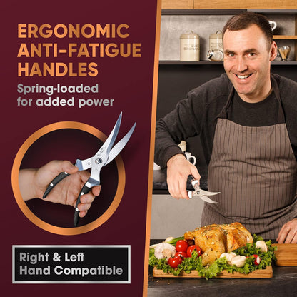 Heavy Duty Poultry Shears - Professional Stainless Steel Kitchen Scissors for Bone, Chicken, Meat, Fish & Vegetables - Spring Loaded (Brown Wood Handles)