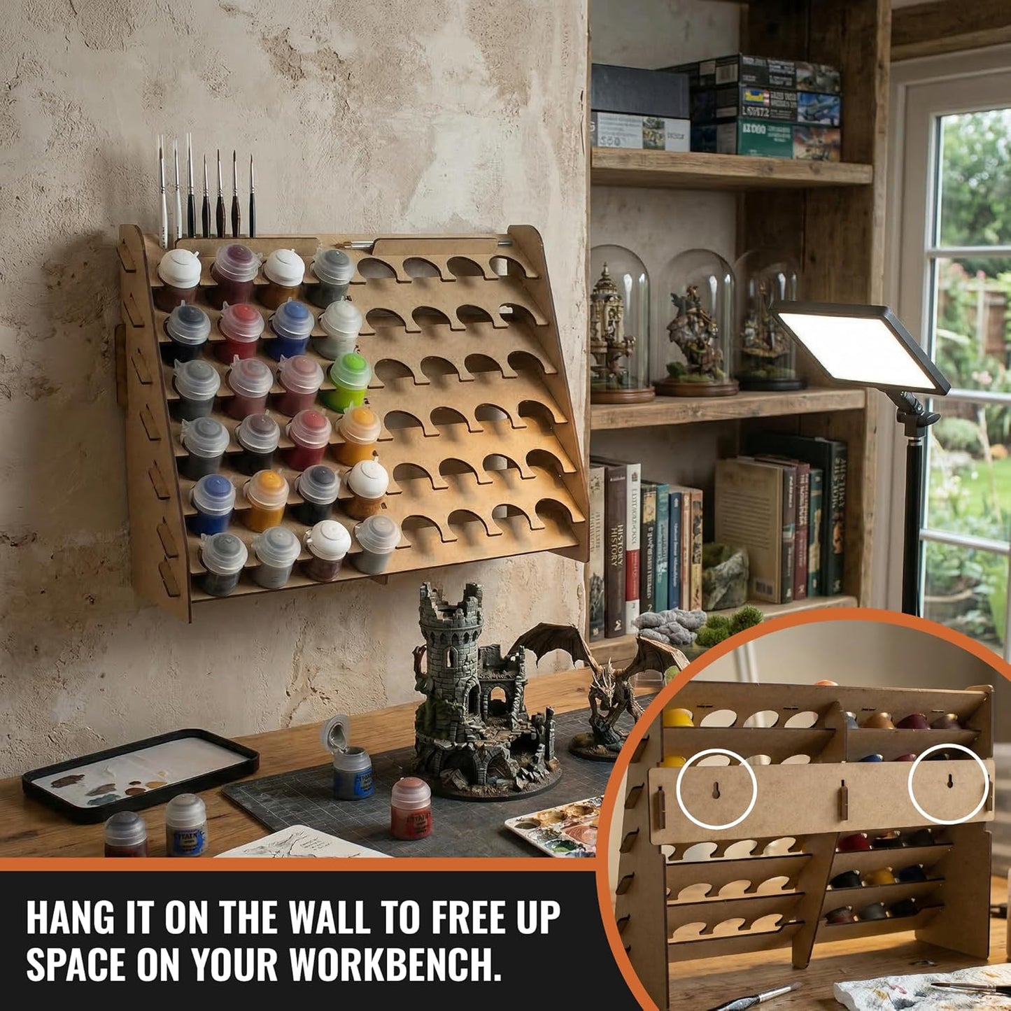 PROSCALE Wall Paint Rack Organizer for Miniatures & Modeling, Vertical Paint Stand with 33mm Pot Holes + Top Brush/Tool Holder, Compatible with Citadel (33mm)