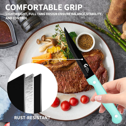 Steak Knife Set of 8, Triple Rivet Stainless Steel Serrated Dinning Knives, 4.5 Inch Sharp Black Coated Blade, Dishwasher Safe, Meat Knife for Dining Camping BBQ