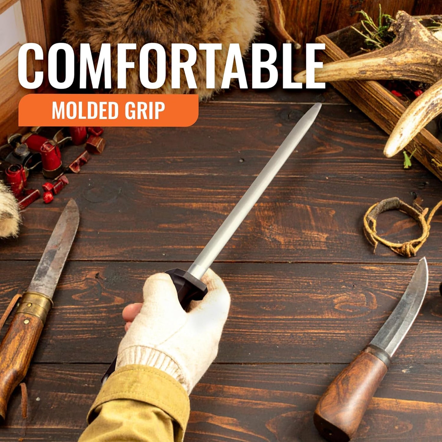 Wiebe 12-Inch Fine Grit Diamond Sharpening Steel | Professional Honing Rod for Hunting, Butcher, and Skinning Knives | Quickly Sharpens High-Carbon and Stainless Steel Blades