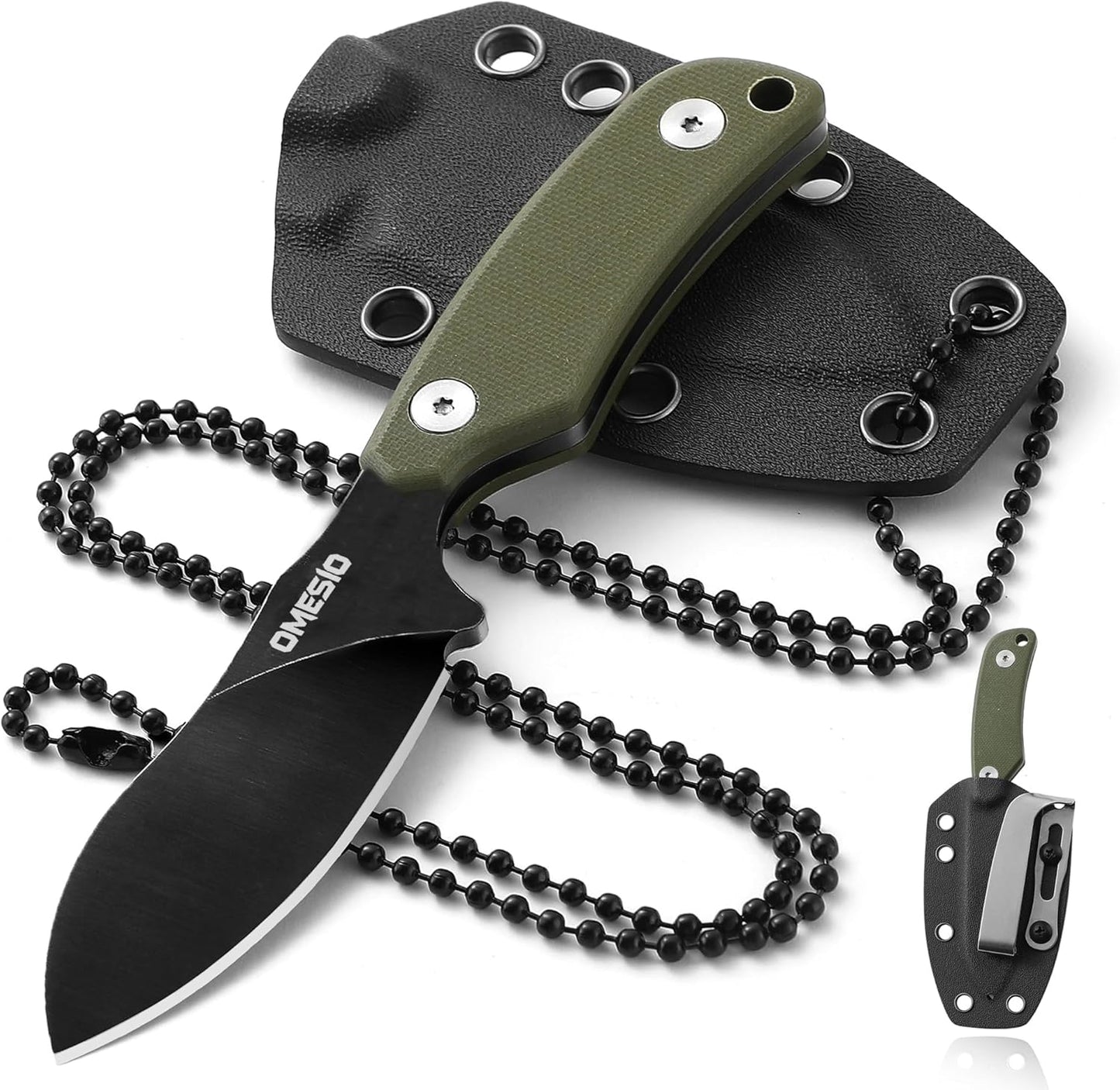Omesio Neck Knife, Full Tang EDC Knife Necklace for Men, 5.82" Fixed Blade with Kydex SHeath and Clip, Nessmuk Blade Small D2 Steel G10 Handle for Outdoor, Survival, Camping