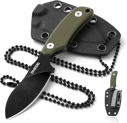 Omesio Neck Knife, Full Tang EDC Knife Necklace for Men, 5.82" Fixed Blade with Kydex SHeath and Clip, Nessmuk Blade Small D2 Steel G10 Handle for Outdoor, Survival, Camping