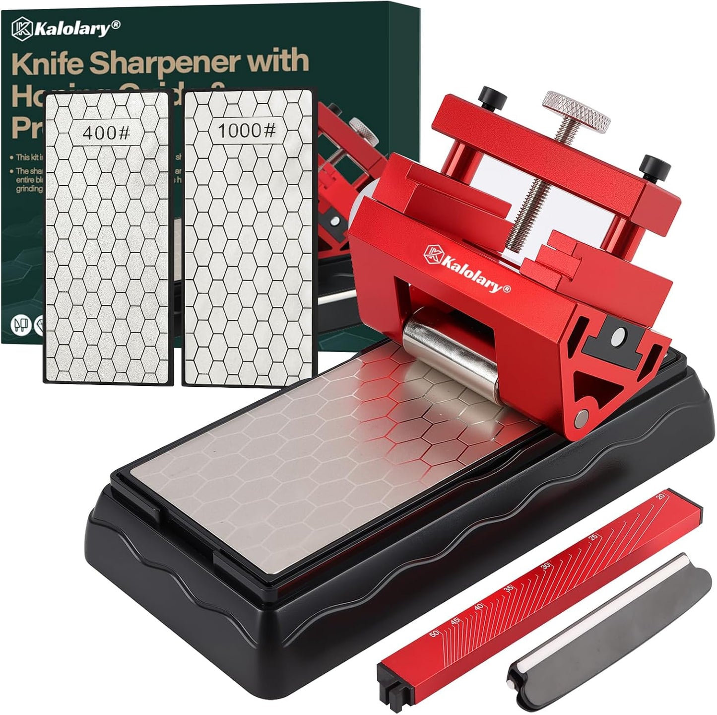 Double-side Chisel Sharpening Kit, Kalolary Professional Diamond Sharpening Stones Knife Sharpener Plate with Honing Guide Protractor for Chisel Kitchen Outdoor Woodworking Tools (600/1200 Grit)
