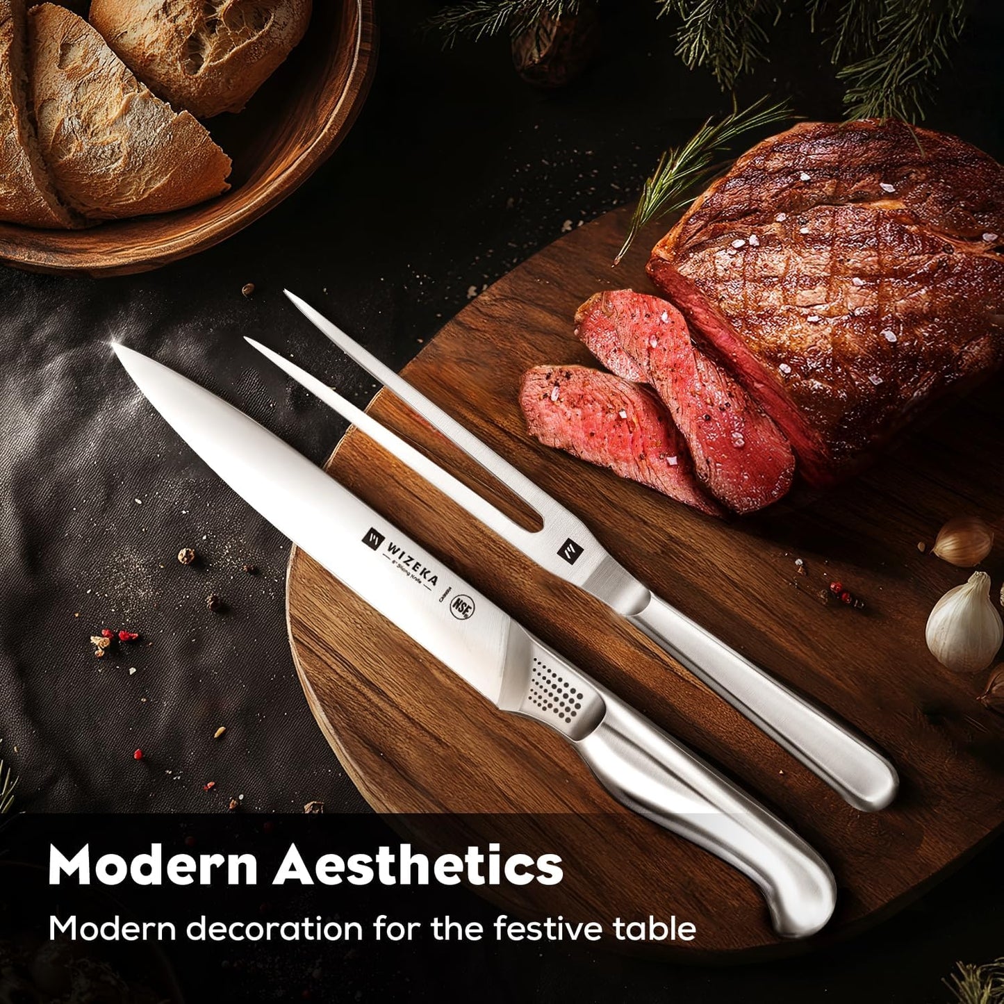 WIZEKA Kitchen Knife Set with Block: 15PCS German Stainless Steel Knife Block Set,One-Piece Design Knives Set for Kitchen, Professional Knife Set with Built-in Sharpener,Starry Sky Series Mothers Day