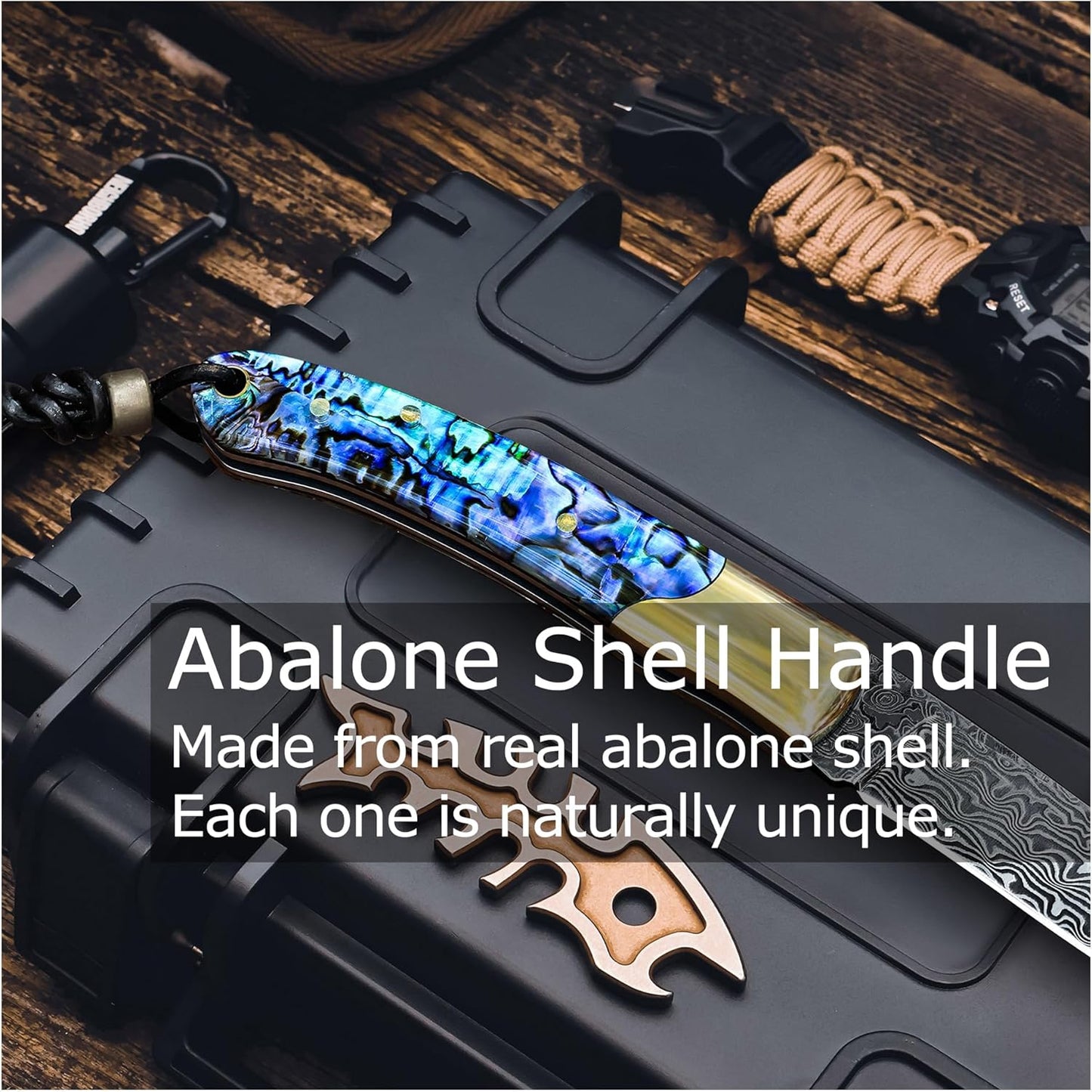 Camp Pearl Folding Knife – Damascus Steel Blade, Abalone Shell Handle, for Campfire Cooking & BBQ, Slip Joint Design