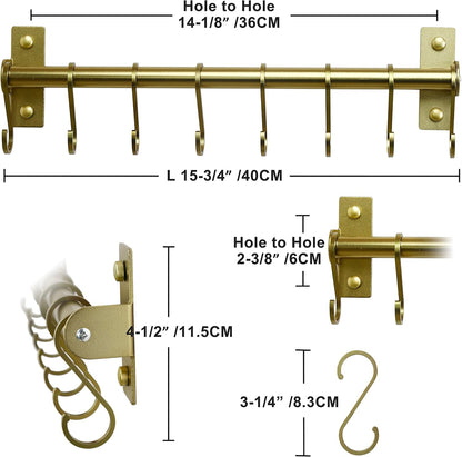 Dseap Kitchen Utensil Holder Hanger, Pot and Pan Rack Wall Mounted, Kitchen Rail with 8 Hooks for Hanging Cooking Utensils, Mugs, Spoons, Wall Mounted, Silver
