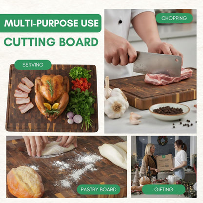 End Grain Acacia Wood Cutting Boards for Kitchen, 1.5 in Thick Butcher Block Construction for Stability, 15 x 10 in Medium Cutting Boards with Gift Box, Juice Groove and Handle